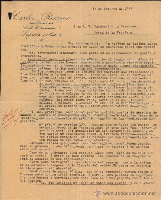 Gesch&auml;ftsbriefe: CARTA COMERCIAL DE CARLOS ROEMER. REPRESENTACIONES. LEGAN&Eacute;S. MADRID. 1927