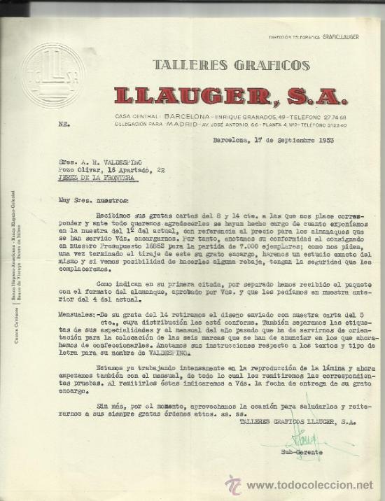 Gesch&auml;ftsbriefe: CARTA COMERCIAL DE LLAUGER S.A. TALLERRES GR&Aacute;FICOS. BARCELONA. 1953