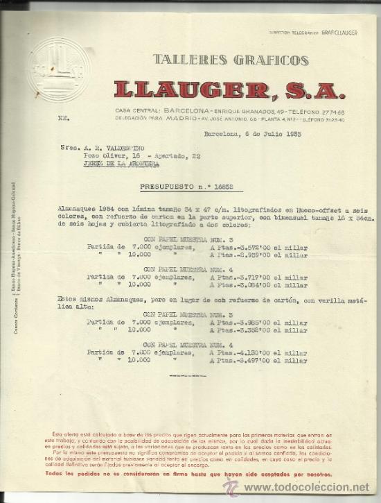 Gesch&auml;ftsbriefe: CARTA COMERCIAL DE LLAUGER S.A. TALLERRES GR&Aacute;FICOS. BARCELONA. 1953