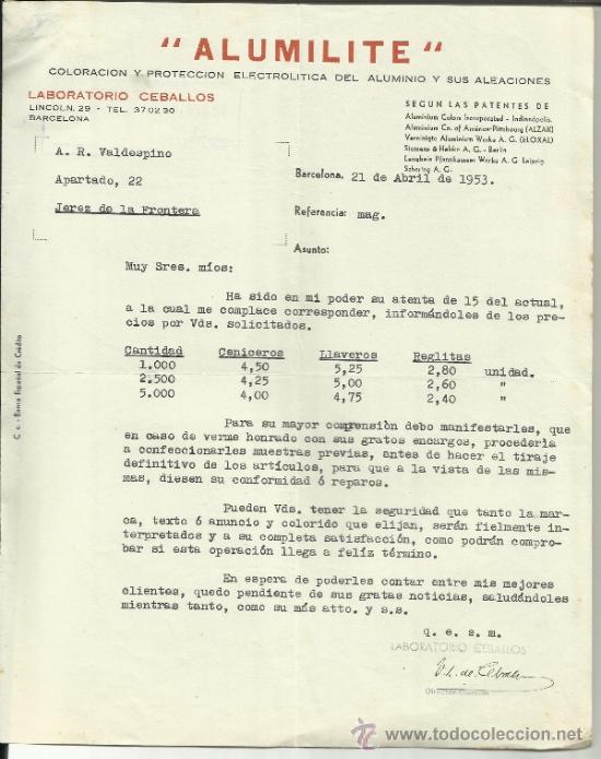 Gesch&auml;ftsbriefe: CARTA COMERCIAL DE ALUMILITE. LABORATORIOS CEBALLOS. BARCELONA. 1953
