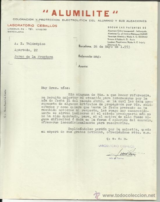 Gesch&auml;ftsbriefe: CARTA COMERCIAL DE ALUMILITE. LABORATORIOS CEBALLOS. BARCELONA. 1953