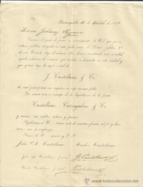 Gesch&auml;ftsbriefe: CARTA CIRCULAR DE J. CASTELLANO Y C&ordf;. ANTES CASTELLANO, CARVAJALINO Y C&ordf;. BARRANQUILLA.COLOMBIA.1891