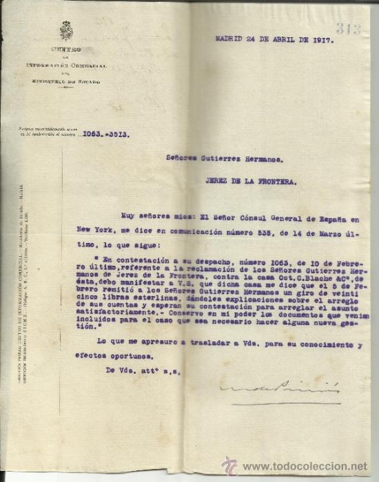 Gesch&auml;ftsbriefe: CARTA DEL CENTRO DE INFORMACI&Oacute;N COMERCIAL DEL MINISTERIO DE ESTADO A GUTIERREZ HERMANOS. MADRID.1917