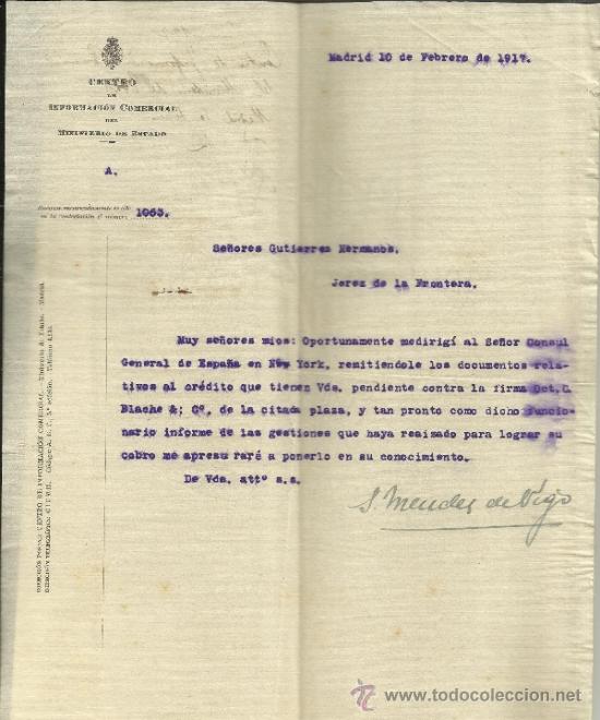 Lettere commerciali: CARTA DEL CENTRO DE INFORMACI&Oacute;N COMERCIAL DEL MINISTERIO DE ESTADO A GUTIERREZ HERMANOS. MADRID.1917