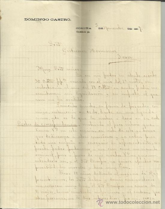 Lettere commerciali: CARTA COMERCIAL DE DOMINGO CASTRO. LA CORU&Ntilde;A. 1917