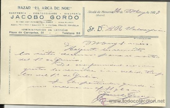 Lettere commerciali: CARTA COMERCIAL DE JACOBO GORDO. BAZAR EL ARCA DE NOE. ALCAL&Aacute; DE HENARES. MADRID. 1927