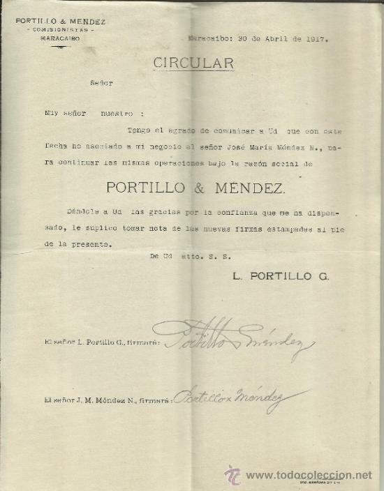 Lettere commerciali: CARTA CIRCULAR DE PORTILLO & MENDEZ. COMISIONISTAS. MARACAIBO. VENEZUELA. 1917