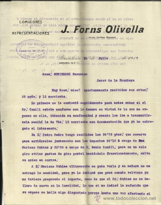 Lettere commerciali: CARTA COMERCIAL DE J. FORNS OLIVELLA. COMISIONES Y REPRESENTACIONES. BARCELONA. 1917