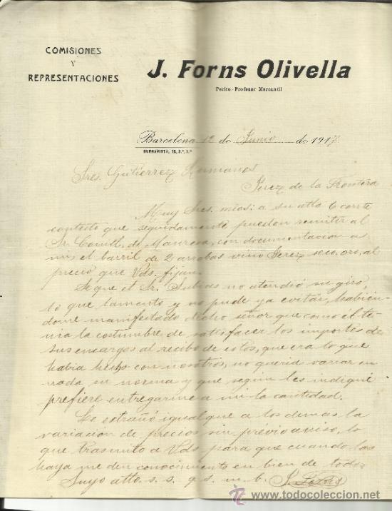 Lettere commerciali: CARTA COMERCIAL DE J. FORNS OLIVELLA. COMISIONES Y REPRESENTACIONES. BARCELONA. 1917