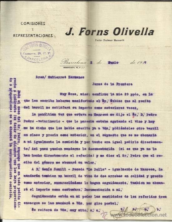 Lettere commerciali: CARTA COMERCIAL DE J. FORNS OLIVELLA. COMISIONES Y REPRESENTACIONES. BARCELONA. 1917