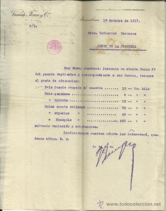 Lettere commerciali: CARTA COMERCIAL DE VICENTE FERRER Y C&ordf;. BARCELONA. 1917