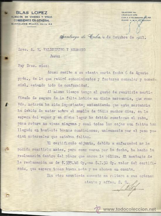 Gesch&auml;ftsbriefe: CARTA COMERCIAL DE BLAS LOPEZ. ALMAC&Eacute;N DE V&Iacute;VERES Y VINOS. SANTIAGO DE CUBA. CUBA. 1921
