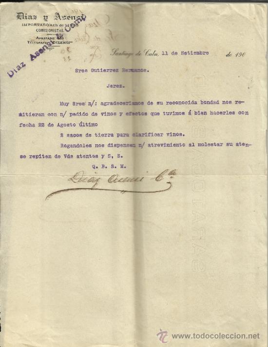 Gesch&auml;ftsbriefe: CARTA COMERCIAL DE DIAZ Y ASENSI. IMPORTADORES DE VINOS. SANTIAGO DE CUBA. CUBA. 1907