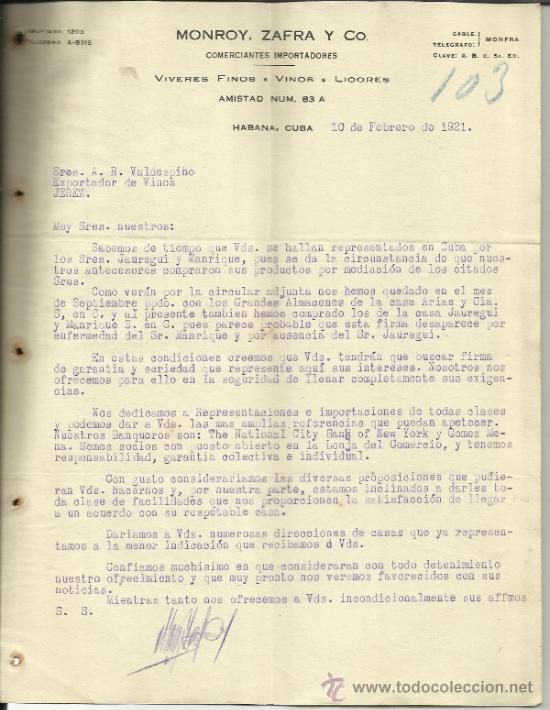Gesch&auml;ftsbriefe: CARTA COMERCIAL DE MONROY, ZAFRA Y Co. COMERCIANTES IMPORTADORES. HABANA. CUBA. 1921