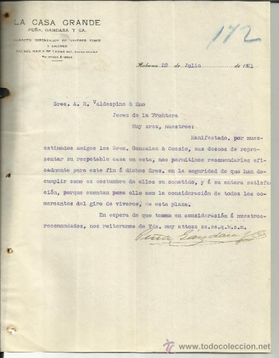 Cartas comerciais: CARTA COMERCIAL DE LA CASA GRANDE. PE&Ntilde;A, GANDARA Y CA. HABANA. CUBA. 1921