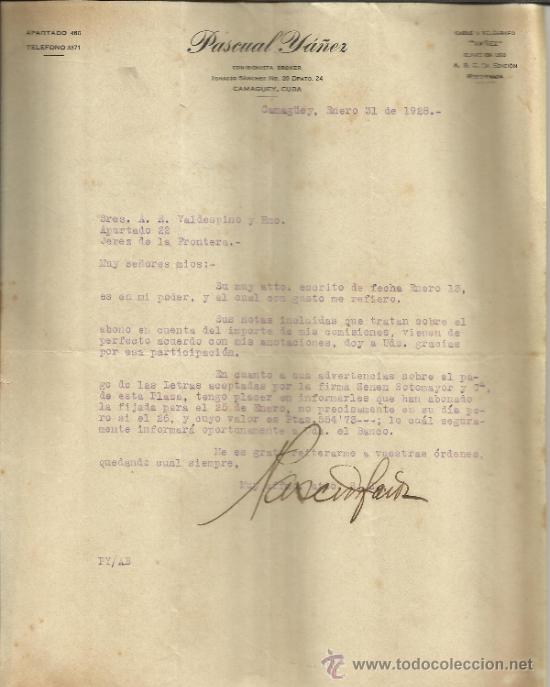 Gesch&auml;ftsbriefe: CARTA COMERCIAL DE PASCUAL Y&Aacute;&Ntilde;EZ. COMISIONISTA. CAMAG&Uuml;EY. CUBA. 1928