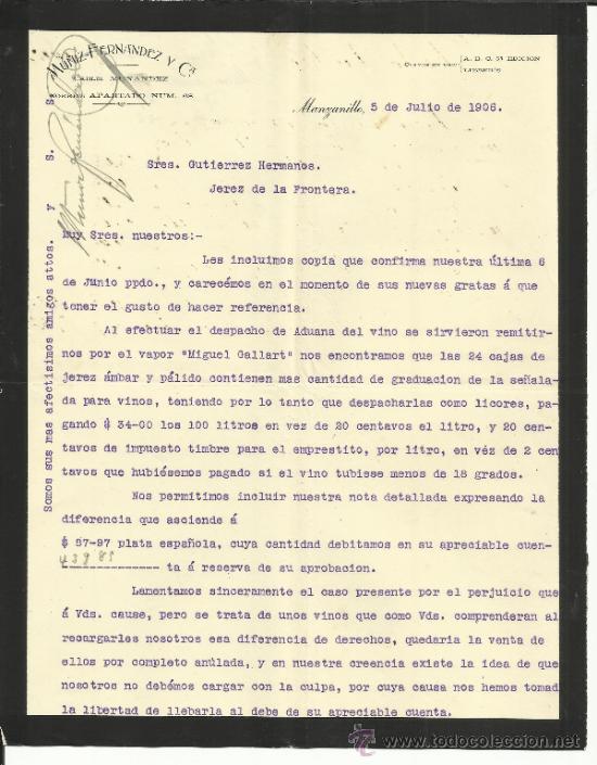 Cartas comerciais: CARTA COMERCIAL DE MU&Ntilde;IZ-FERN&Aacute;NDEZ Y C&ordf;. MANZANILLA. CUBA. 1906