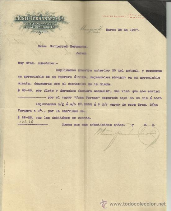 Commercial Letters: CARTA COMERCIAL DE MU&Ntilde;IZ-FERN&Aacute;NDEZ Y C&ordf;. MANZANILLA. CUBA. 1906