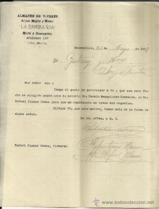 Gesch&auml;ftsbriefe: CARTA COMERCIAL DE ALMAC&Eacute;N DE V&Iacute;VERES LA ESPERANZA. MANZANILLA. CUBA. 1907