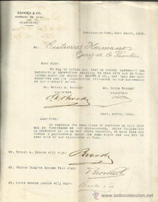 Gesch&auml;ftsbriefe: CARTA COMERCIAL DE BROOKS & CO. SANTIAGO DE CUBA. CUBA. 1909