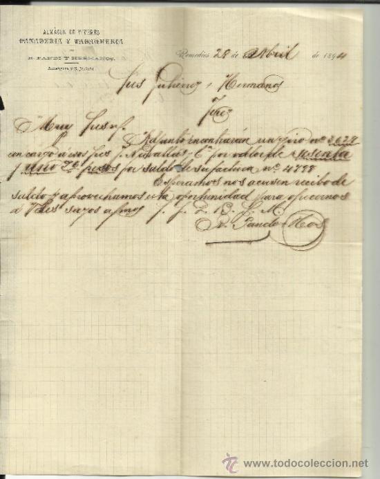 Gesch&auml;ftsbriefe: CARTA COMERCIAL DE R. PANDO Y HERMANOS. PANADERIA Y TABAQUERIA. REMEDIOS. CUBA. 1894