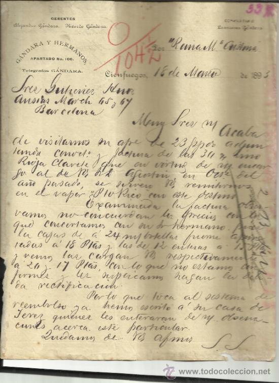 Gesch&auml;ftsbriefe: CARTA COMERCIAL DE G&Aacute;NDARA Y HERMANOS. ALEJANDRO Y RICARDO G&Aacute;NDARA. CIENFUEGOS. CUBA. 1893