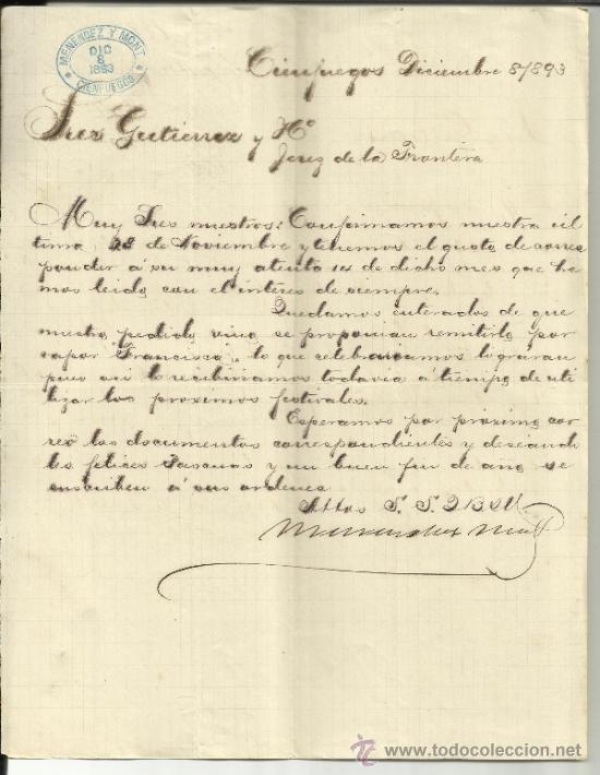 Gesch&auml;ftsbriefe: CARTA COMERCIAL DE MENENDEZ Y MONT. CIENFUEGOS. CUBA. 1893
