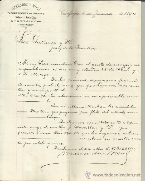 Gesch&auml;ftsbriefe: CARTA COMERCIAL DE MENENDEZ Y MONT. CIENFUEGOS. CUBA. 1894