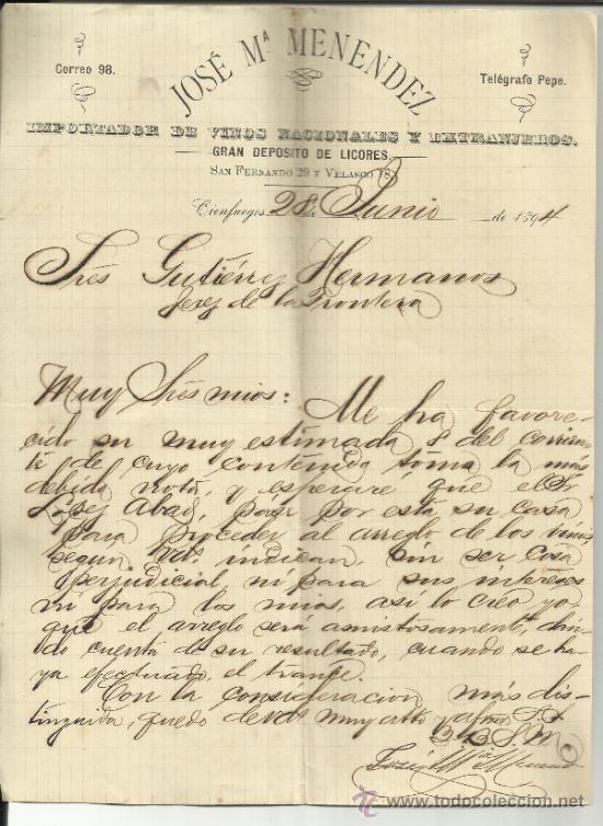 Gesch&auml;ftsbriefe: CARTA COMERCIAL DE JOS&Eacute; M&ordf; MENENDEZ. IMPORTADOR DE VINOS. CIENFUEGOS. CUBA. 1894