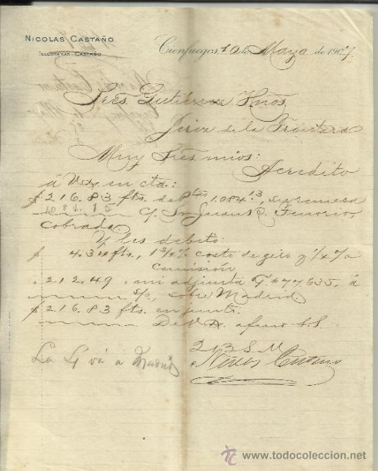 Gesch&auml;ftsbriefe: CARTA COMERCIAL DE NICOL&Aacute;S CASTA&Ntilde;O. CIENFUEGOS. CUBA. 1907