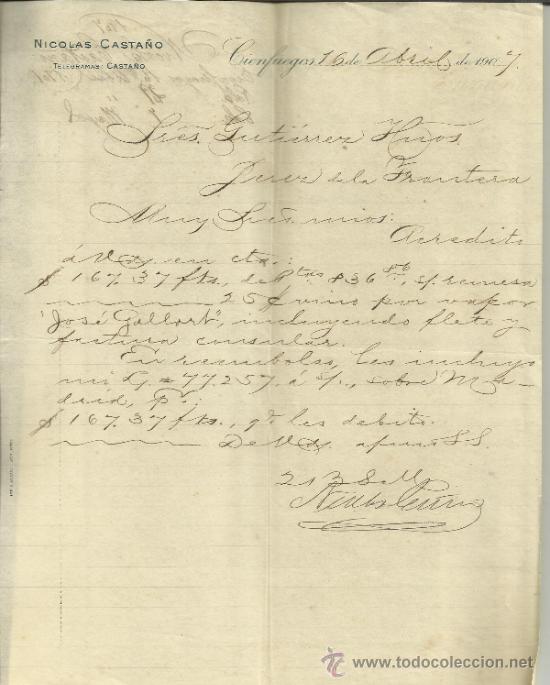 Gesch&auml;ftsbriefe: CARTA COMERCIAL DE NICOL&Aacute;S CASTA&Ntilde;O. CIENFUEGOS. CUBA. 1907
