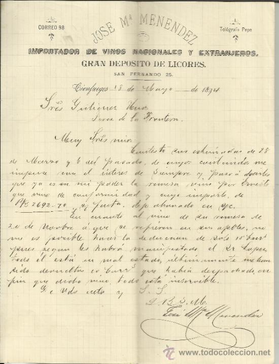 Gesch&auml;ftsbriefe: CARTA COMERCIAL DE JOS&Eacute; M&ordf; MENENDEZ. IMPORTADOR DE VINOS. CIENFUEGOS. CUBA. 1894