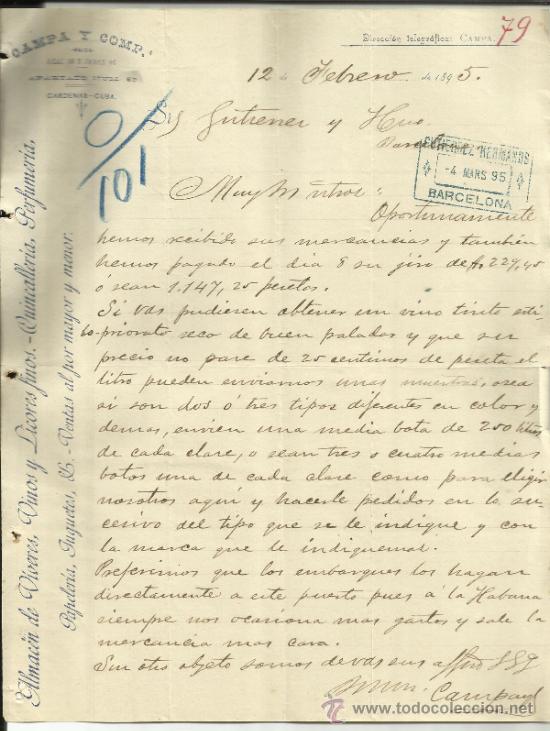 Gesch&auml;ftsbriefe: CARTA COMERCIAL DE CAMPA Y COMP&ordf;. CARDENAS. CUBA. 1895