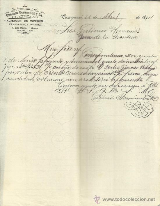 Gesch&auml;ftsbriefe: CARTA COMERCIAL DE CU&Eacute;TARA FERN&Aacute;NDEZ Y C&ordf;. CAMAJUAN&Iacute;. CUBA. 1894
