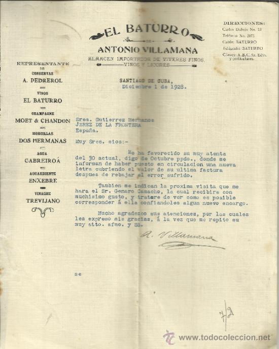 Gesch&auml;ftsbriefe: CARTA COMERCIAL DE EL BATURRO. ANTONIO VILLAMANA. A. PEDREDOL. SANTIAGO DE CUBA. CUBA. 1928