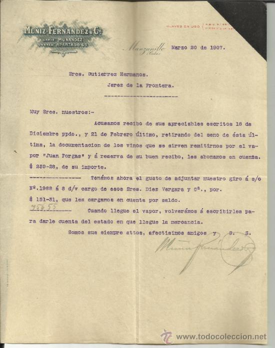 Commercial Letters: CARTA COMERCIAL DE MU&Ntilde;IZ-FERN&Aacute;NDEZ Y C&ordf;. MANZANILLO. CUBA. 1907