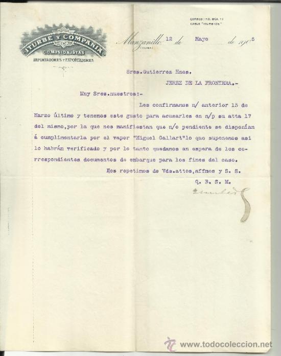Gesch&auml;ftsbriefe: CARTA COMERCIAL DE ITURBE Y C&ordf;. COMISIONISTAS. MANZANILLO. CUBA. 1906