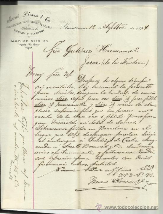 Gesch&auml;ftsbriefe: CARTA COMERCIAL DE MON&Eacute;, LLOSAS Y C&ordf;. ALMACENISTAS IMPORTADORES. GUANT&Aacute;NAMO. CUBA. 1894
