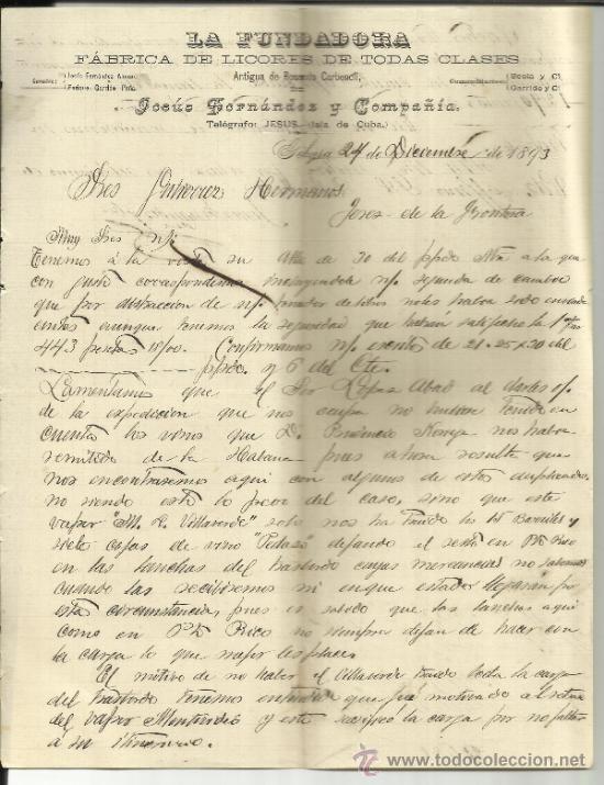 Gesch&auml;ftsbriefe: CARTA COMERCIAL DE LA FUNDADORA. JES&Uacute;S FERN&Aacute;NDEZ Y COMPA&Ntilde;IA. GIBARA. CUBA. 1893