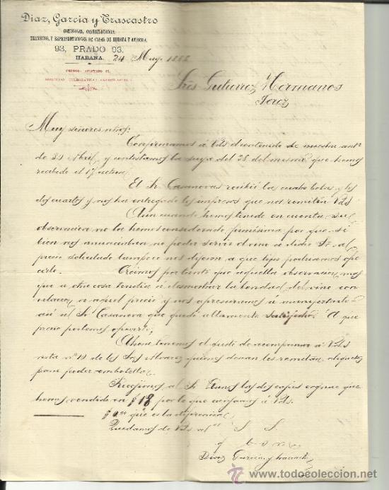 Gesch&auml;ftsbriefe: CARTA COMERCIAL DE DIAZ, GARC&Iacute;A Y TRASCASTRO. COMISIONES. HABANA. CUBA. 1888