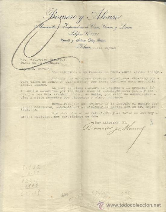 Gesch&auml;ftsbriefe: CARTA COMERCIAL DE ROMERO Y ALONSO. ALMACENISTAS E IMPORTADORES. HABANA. CUBA. 1929