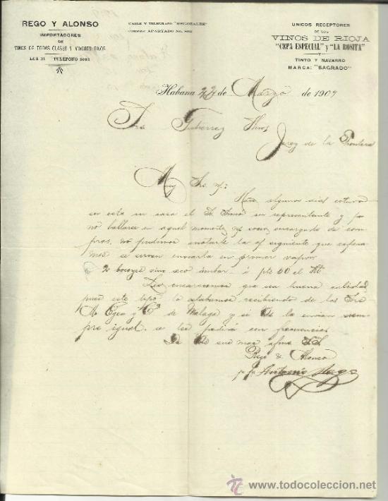 Gesch&auml;ftsbriefe: CARTA COMERCIAL DE REGO Y ALONSO. IMPORTADORES. HABANA. CUBA. 1909