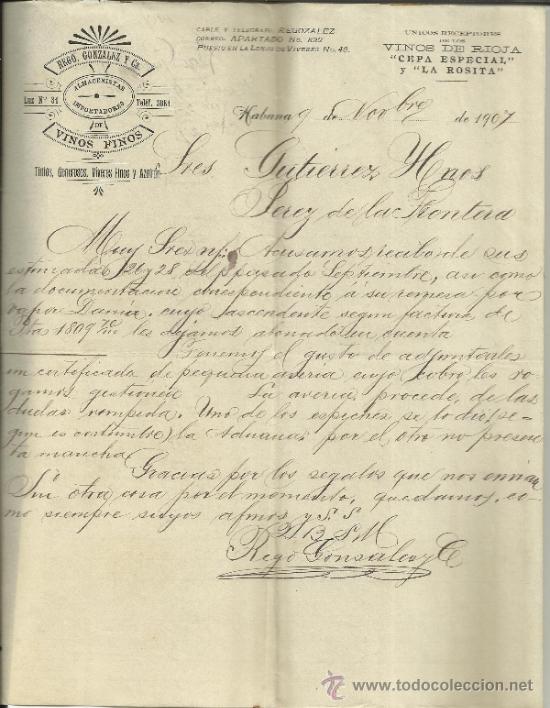 Gesch&auml;ftsbriefe: CARTA COMERCIAL DE REGO, GONZ&Aacute;LEZ Y C&ordf;. ALMACENISTAS. HABANA. CUBA. 1907