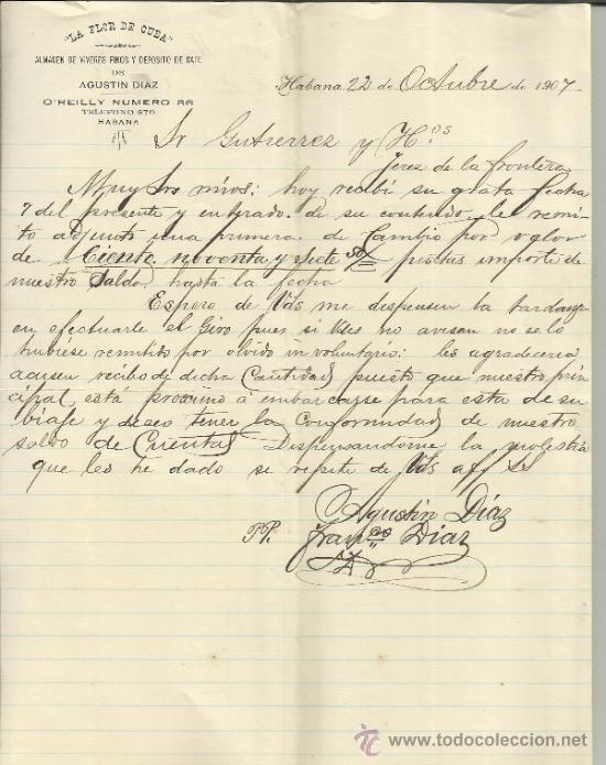 Gesch&auml;ftsbriefe: CARTA COMERCIAL DE LA FLOR DE CUBA. AGUST&Iacute;N D&Iacute;AZ. HABANA. CUBA. 1907