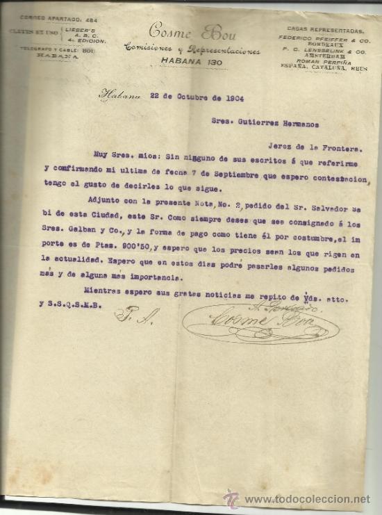 Gesch&auml;ftsbriefe: CARTA COMERCIAL DE COSME BOU. COMISIONES Y REPRESENTACIONES. HABANA. CUBA. 1904