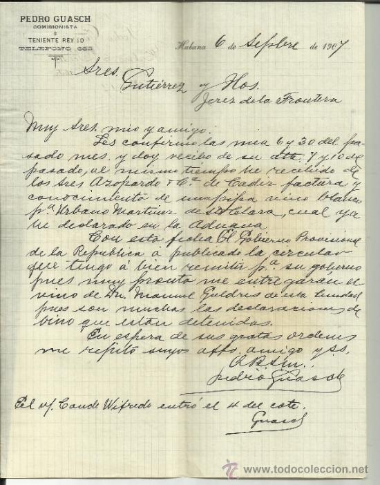 Gesch&auml;ftsbriefe: CARTA COMERCIAL DE PEDRO GUASH. COMISIONISTA. HABANA. CUBA. 1907