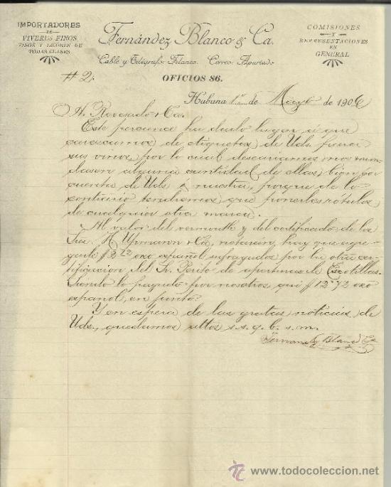 Gesch&auml;ftsbriefe: CARTA COMERCIAL DE FERN&Aacute;NDEZ BLANCO Y C&ordf;. IMPORTADORES. HABANA. CUBA. 1906