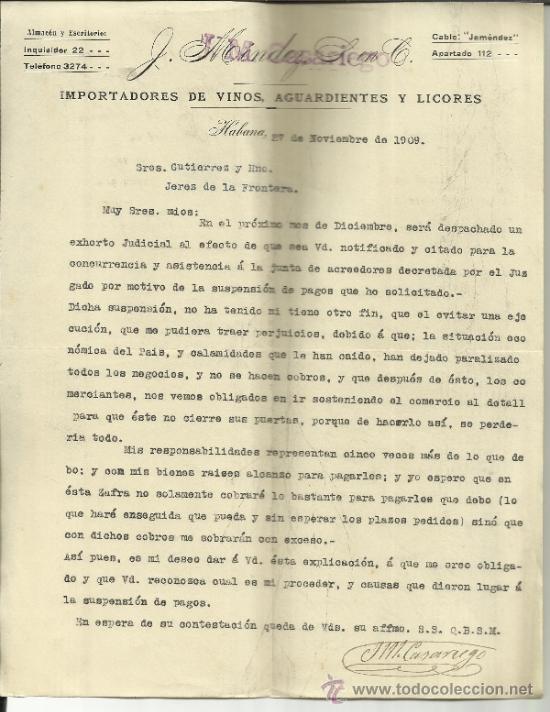 Gesch&auml;ftsbriefe: CARTA COMERCIAL DE J. M&Eacute;NDEZ, S. EN C. IMPORTADORES DE VINOS. HABANA. CUBA. 1909