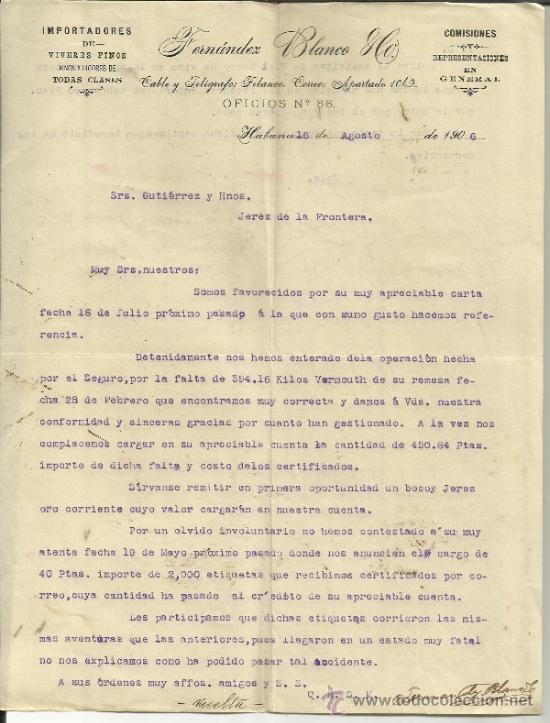Gesch&auml;ftsbriefe: CARTA COMERCIAL DE FERN&Aacute;NDEZ BLANCO & C&ordf;. IMPORTADORES DE V&Iacute;VERES. HABANA. CUBA. 1906