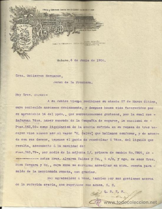 Gesch&auml;ftsbriefe: CARTA COMERCIAL DE LA CONSTANCIA DE ROMA&Ntilde;A DUYOS. LA FAMA. HABANA. CUBA. 1906